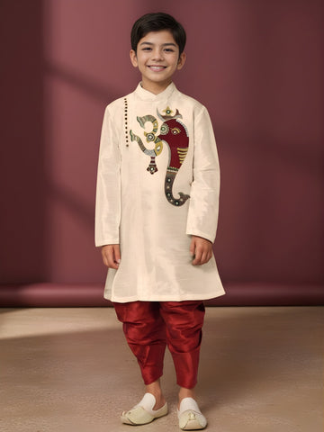 Boys' Beige Art Silk Kurta Set – Ethnic Print