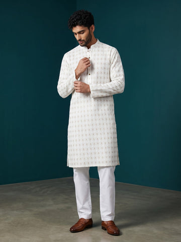 Men's White Cotton Kurta Set – Ethnic Print