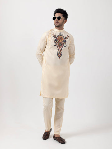 Men's Beige Cotton Kurta Set – Ethnic Print & Side Placket