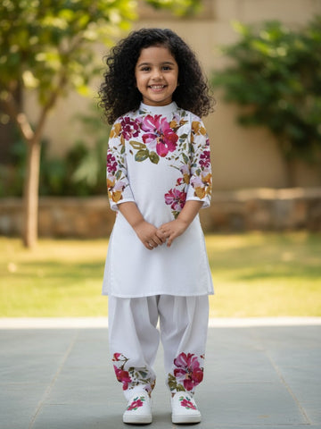 Girls' White Cotton Kurti Set – Ethnic Print