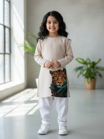 Girls' Beige Cotton Kurti Set – Ethnic Print