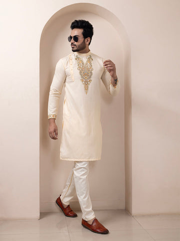 Men's Beige Cotton Kurta Set – Ethnic Print & Side Placket