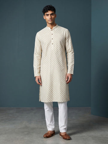 Men's Beige Cotton Kurta Set – Ethnic Print