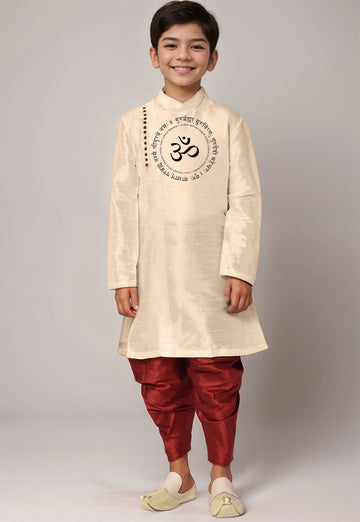 Boys' Beige Dupion Silk Kurta & Dhoti Set – Floral Print