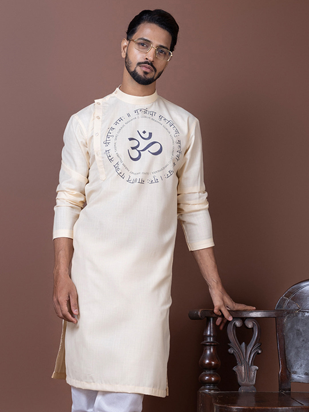 Men's Beige Cotton Kurta Set – Ethnic Print & Side Placket