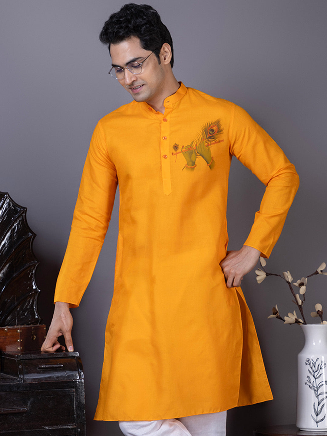 Men's Orange Cotton Kurta Set – Ethnic Print