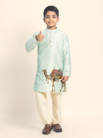 Boys' Green Dupion Silk Kurta Set – Printed