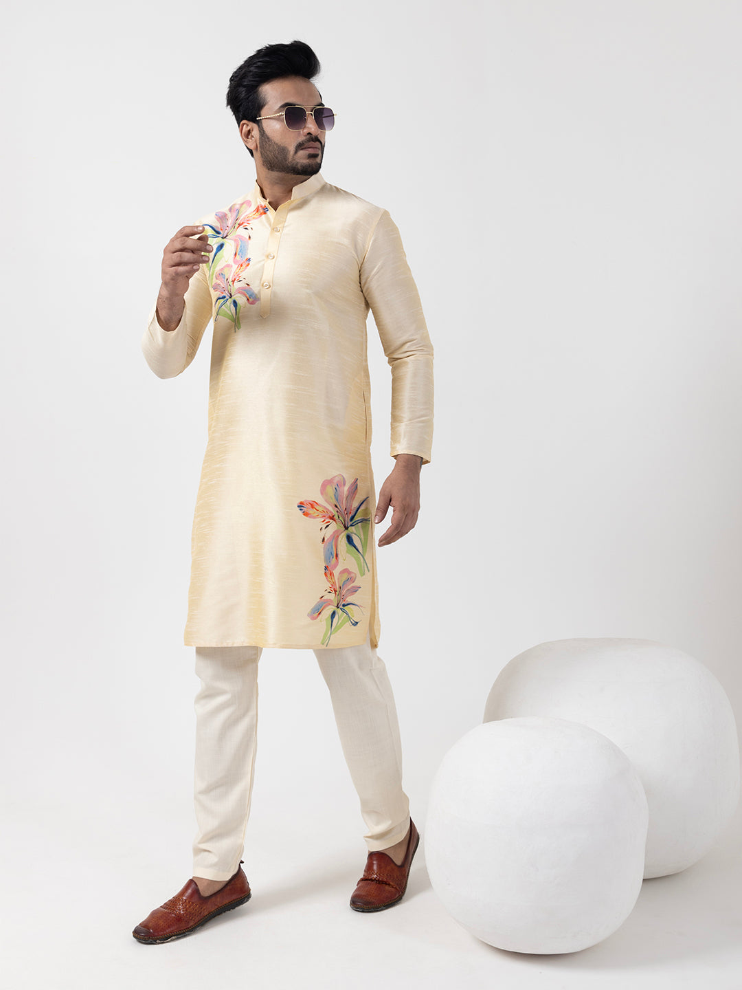 Men's Beige Art Silk Kurta Set – Ethnic Print