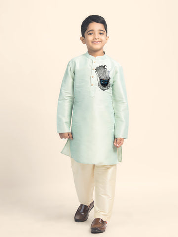 Boys' Green Dupion Silk Kurta Set – Printed