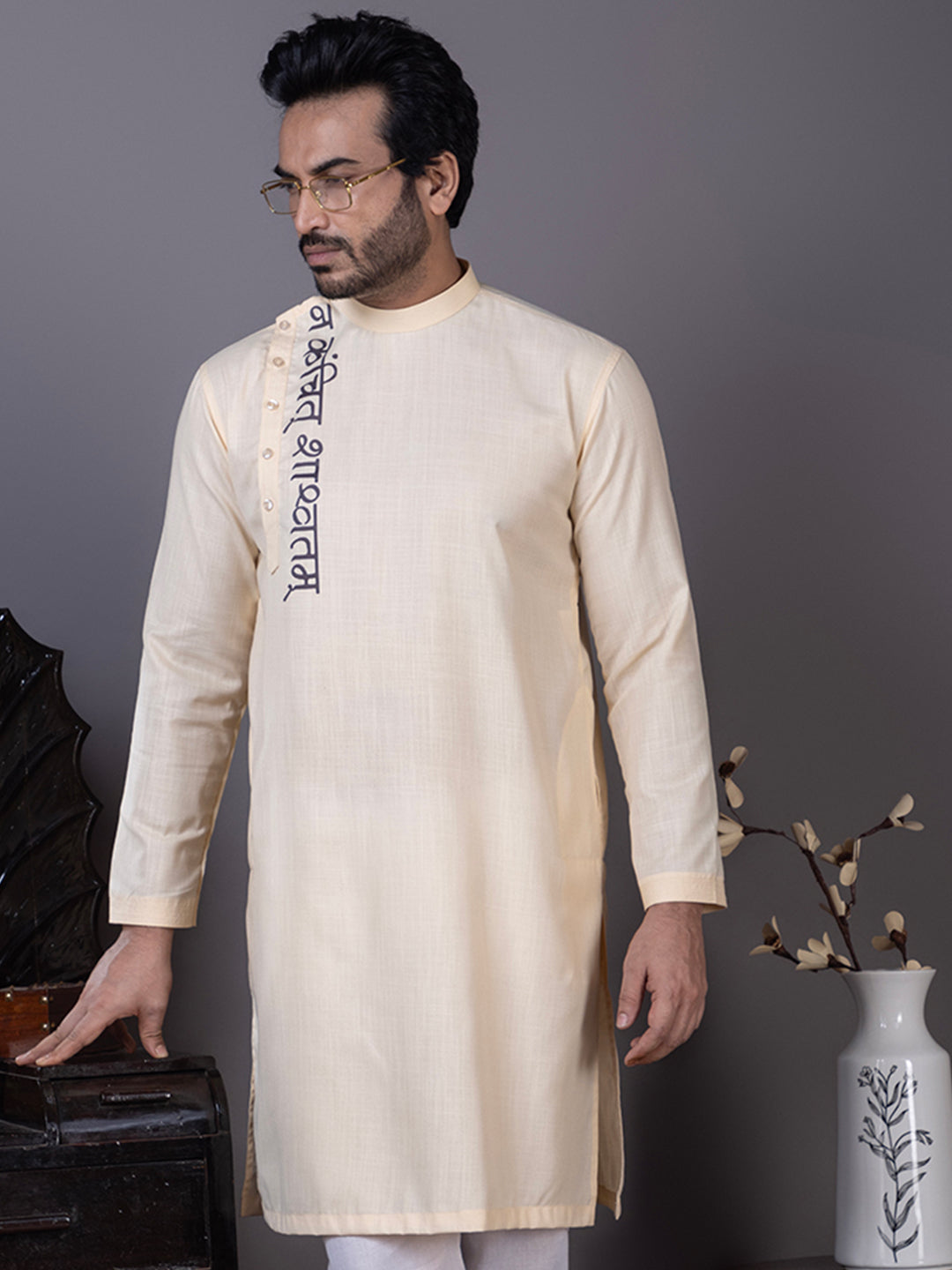 Men's Beige Cotton Kurta Set – Ethnic Print & Side Placket