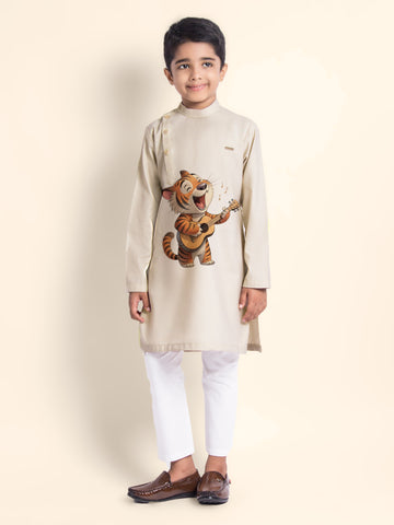 Boys' Beige Cotton Kurta & Pyjama Set – Printed