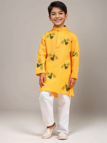 Boys' Yellow Cotton Kurta Set – Printed