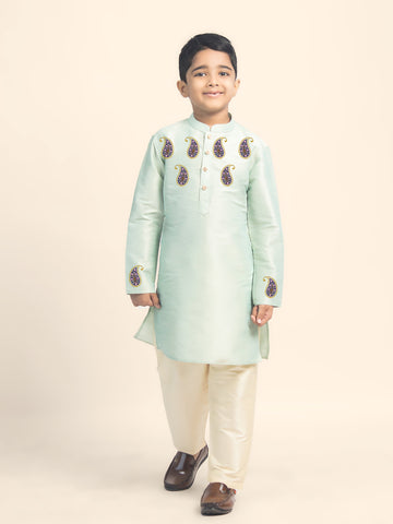 Boys' Green Dupion Silk Kurta Set – Printed