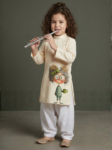 Girls' Beige Cotton Kurti Set – Ethnic Print