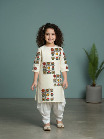 Girls' Beige Cotton Kurti Set – Ethnic Print