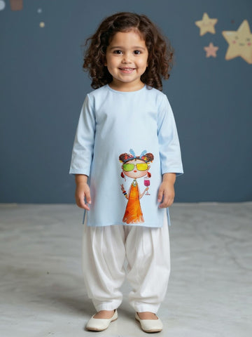 Girls' Sky Blue Cotton Kurti Set – Ethnic Print