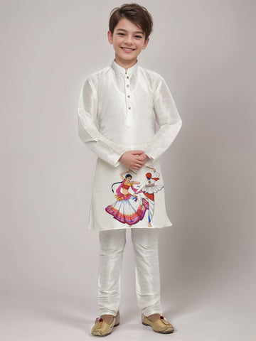 Boys' White Dupion Kurta & Pyjama Set – Printed