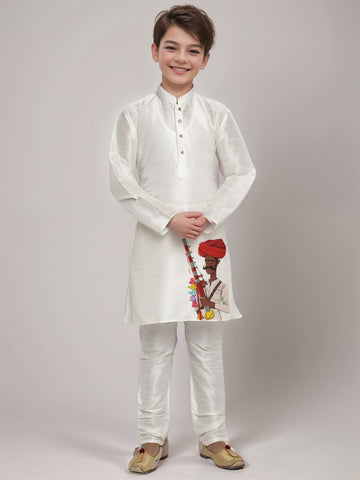 Boys' White Dupion Kurta & Pyjama Set – Printed
