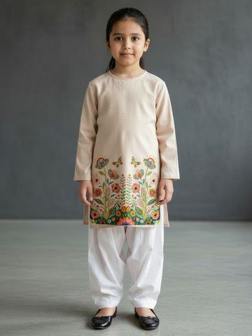 Girls' Beige Cotton Kurti Set – Ethnic Print