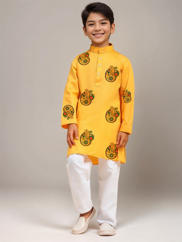 Boys' Yellow Cotton Kurta Set – Printed