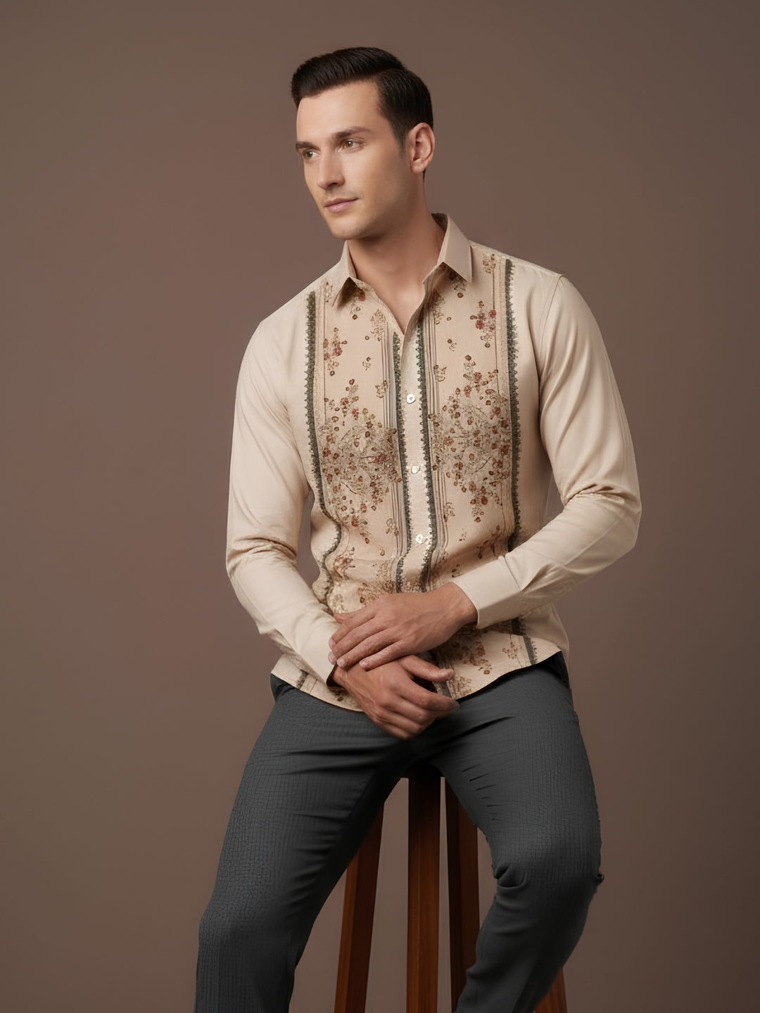 Men's Beige Cotton Shirt – Ethnic Print
