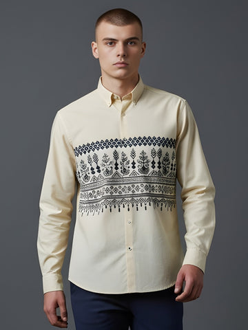 Men's Beige Cotton Shirt – Ethnic Print