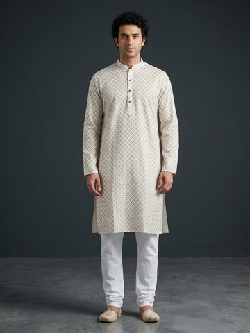 Men's Off White Cotton Kurta Set – Ethnic Print