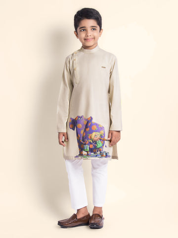 Boys' Beige Cotton Kurta & Pyjama Set – Printed
