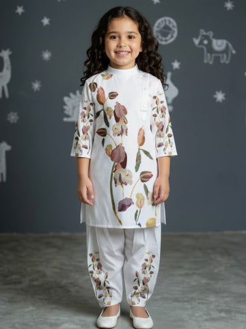 Girls' White Cotton Kurti Set – Ethnic Print