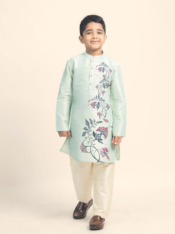 Boys' Green Dupion Silk Kurta Set – Printed