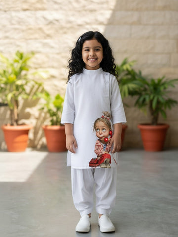 Girls' White Cotton Kurti Set – Ethnic Print