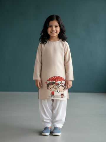 Girls' Beige Cotton Kurti Set – Ethnic Print