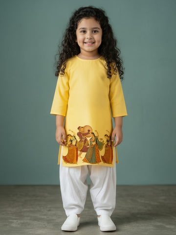Girls' Yellow Cotton Kurti Set – Ethnic Print