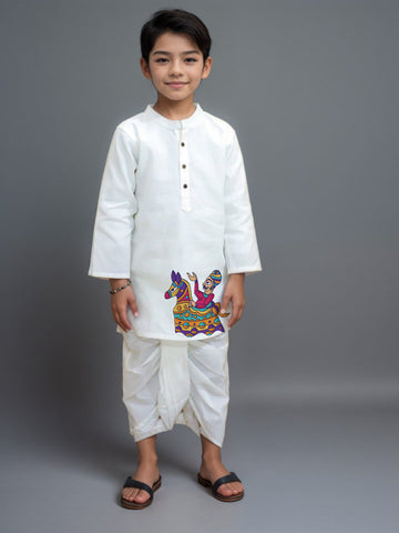 Boys' White Cotton Kurta & Pyjama Set – Asymmetric