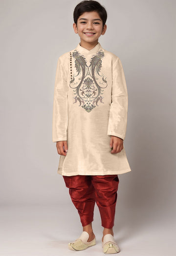 Boys' Beige Dupion Silk Kurta & Dhoti Set – Floral Print