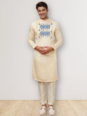 Men's Beige Cotton Kurta Set – Ethnic Print & Side Placket