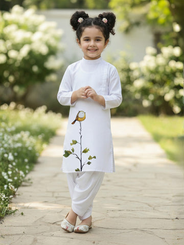 Girls' White Cotton Kurti Set – Ethnic Print