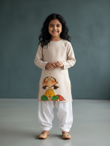Girls' Beige Cotton Kurti Set – Ethnic Print