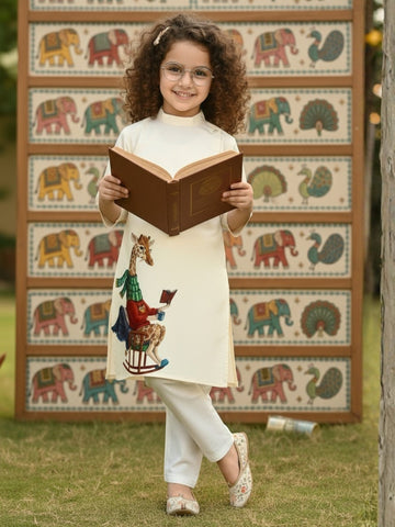 Girls' Beige Cotton Kurti Set – Ethnic Print