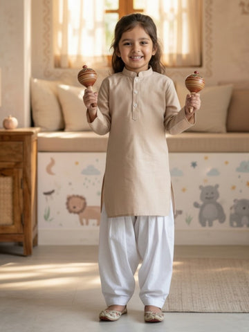 Girls' Beige Cotton Kurti Set – Solid