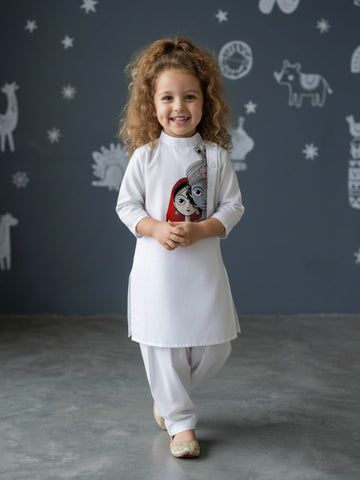Girls' White Cotton Kurti Set – Ethnic Print