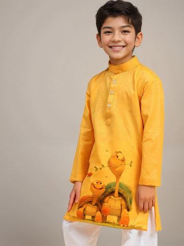 Boys' Yellow Cotton Kurta Set – Printed