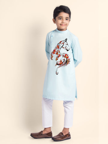 Boys' Sky Blue Cotton Kurta Set – Printed