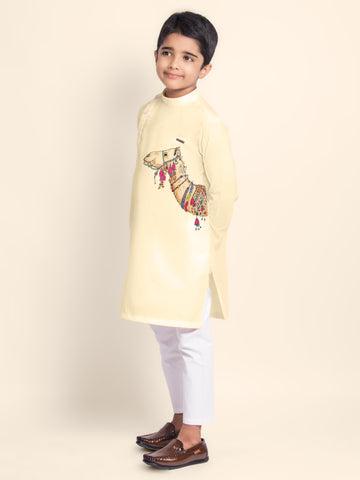 Boys' Beige Cotton Kurta Set – Printed