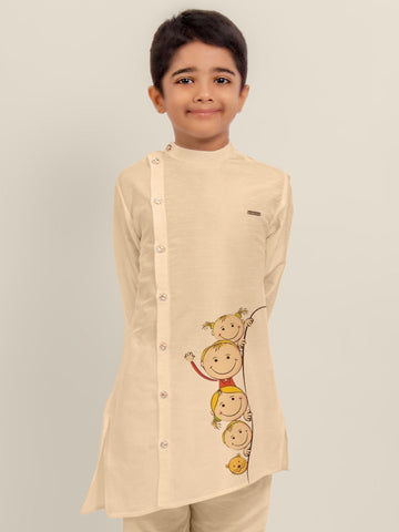 Boys' Beige Art Silk Kurta Set – Printed