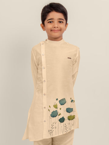 Boys' Beige Dupion Silk Kurta – Printed