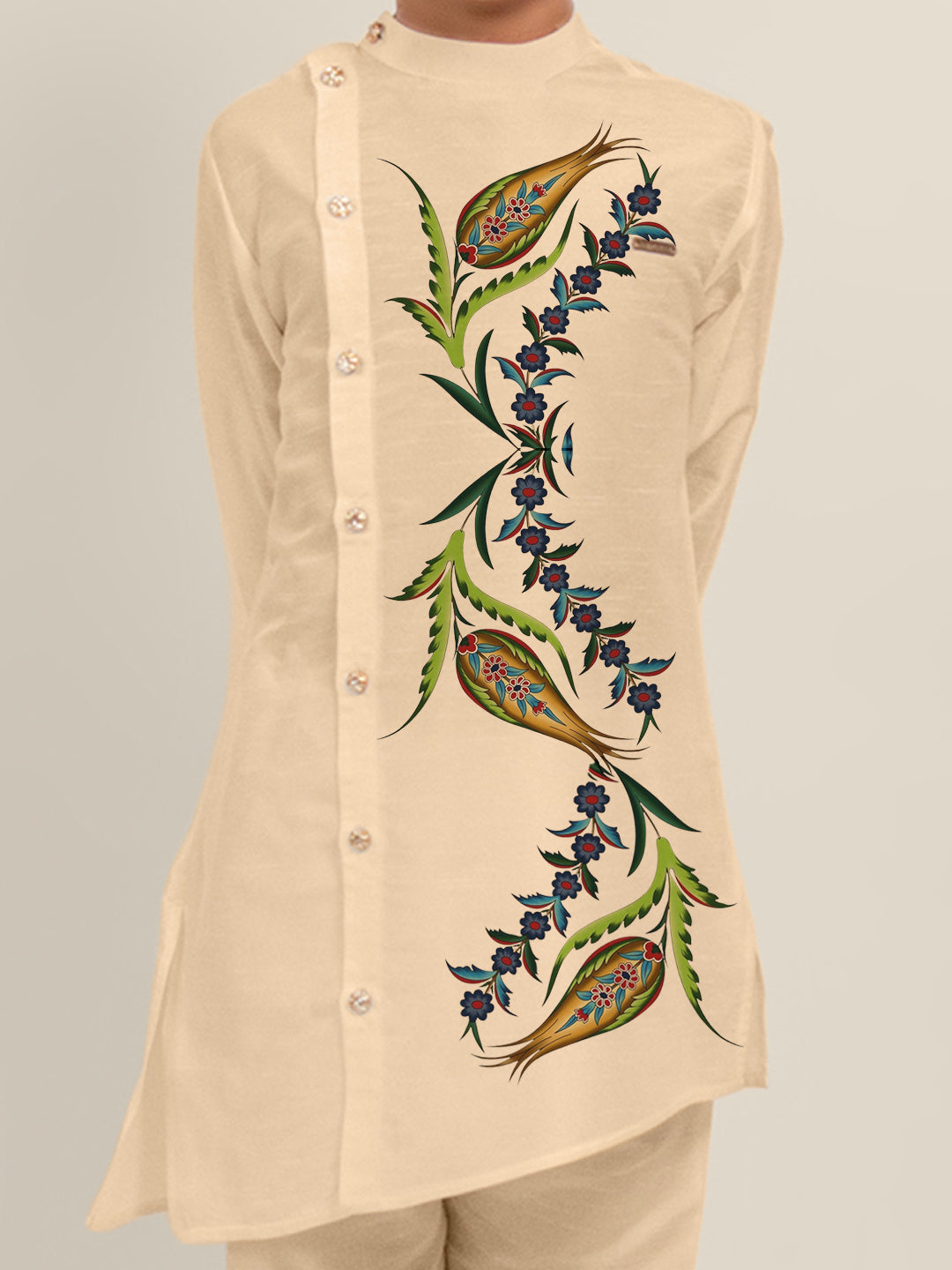 Boys' Beige Dupion Silk Kurta Set – Printed