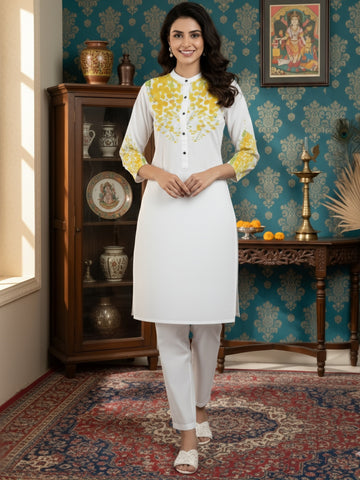Women's White Cotton Kurti Set – Ethnic Print