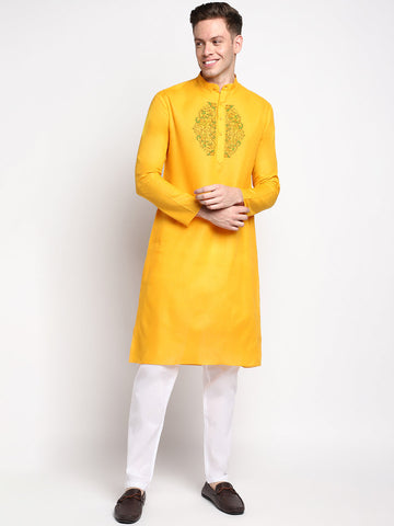 Men's Yellow Cotton Kurta Set – Ethnic Print