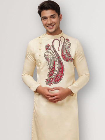 Men's Beige Cotton Kurta Set – Ethnic Print & Side Placket